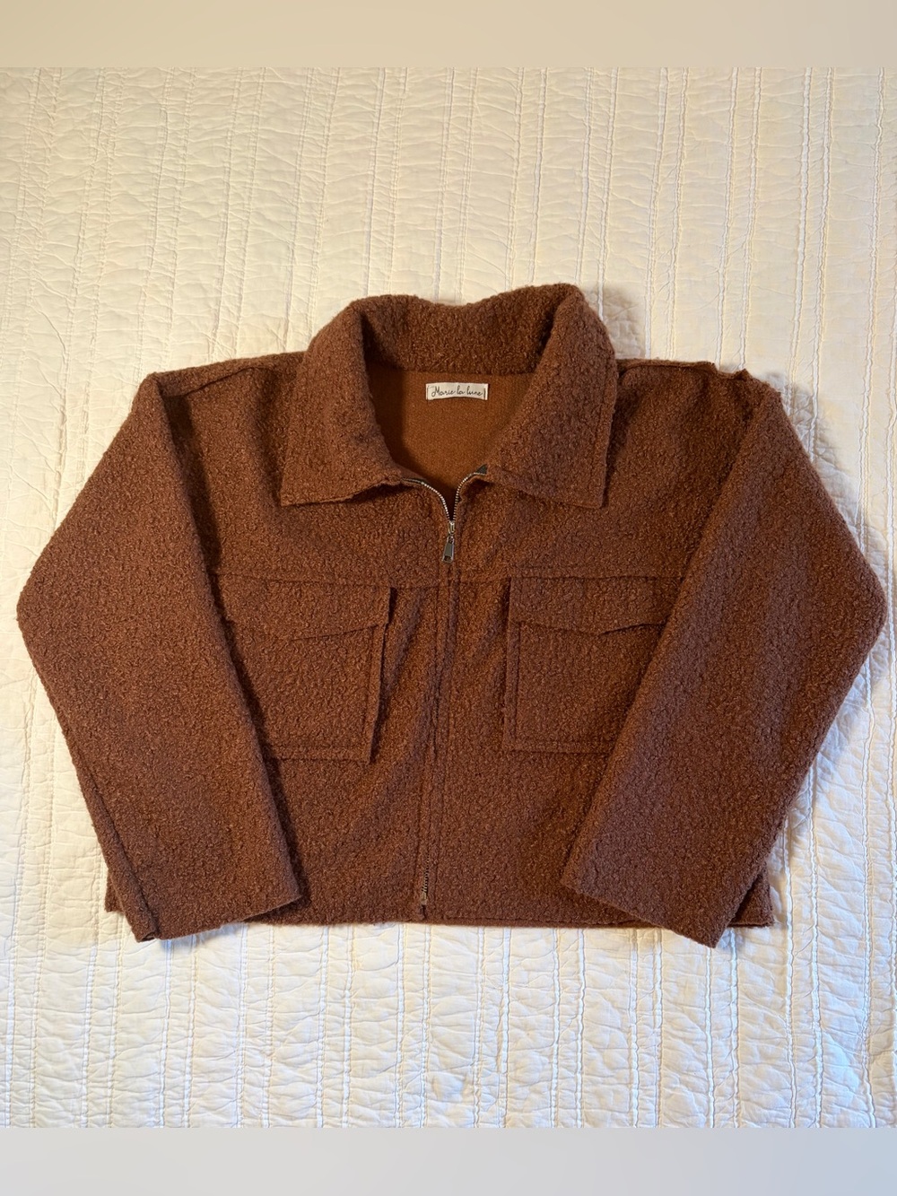 Marie La Lune Italy Bouclé Wool Blend Crop Zip-Up Jacket Brown OS